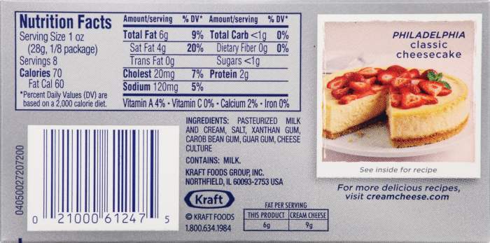 Cream cheese nutrition label