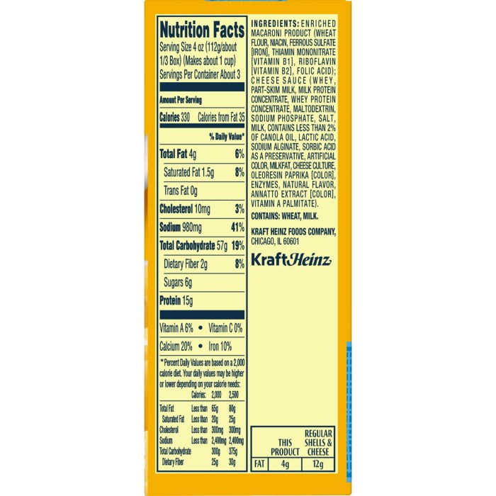 Velveeta shells and cheese nutrition label